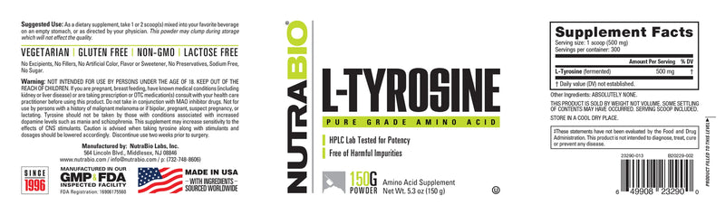 Nutra Bio | L-Tyrosine | Pure Grade Amino Acid