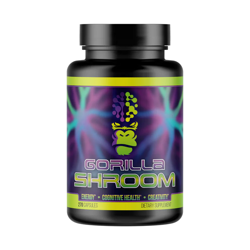 Gorilla Shroom supplement bottle with colorful label on a white background