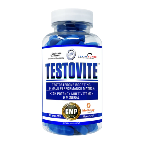 Bottle of Hi-tech Pharmacueticals Testovite supplement with blue tablets on a white background