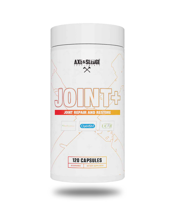 A container of Axe & Sledge Joint+ supplement, which contains 120 capsules for joint repair and restoration.